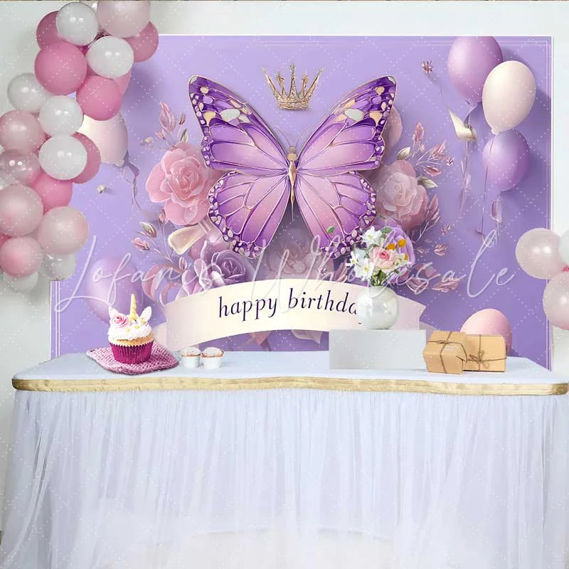 Lofaris 3D Style Purple Butterfly Birthday Backdrop Crown Balloon Princess Background Girl Cake Table Decoration
