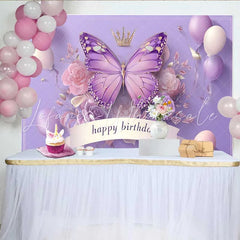 Lofaris 3D Style Purple Butterfly Birthday Backdrop Crown Balloon Princess Background Girl Cake Table Decoration