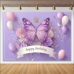 Lofaris 3D Style Purple Butterfly Birthday Backdrop Crown Balloon Princess Background Girl Cake Table Decoration