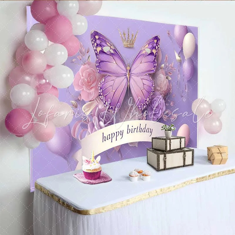 Lofaris 3D Style Purple Butterfly Birthday Backdrop Crown Balloon Princess Background Girl Cake Table Decoration