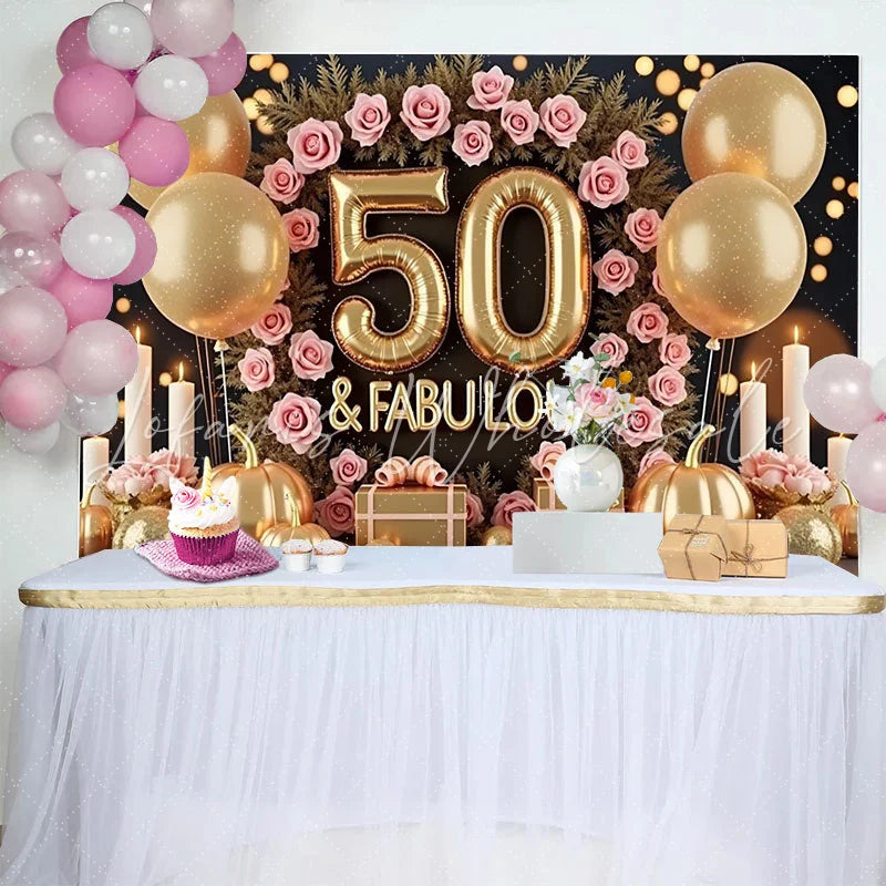 Lofaris 50 and Fabulous Birthday Backdrop Pink Roses Golden Balloons Pumpkins Women Milestone Party Decoration