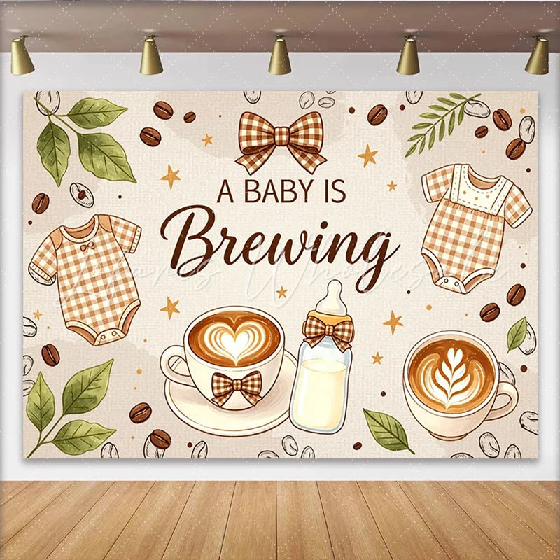 Lofaris A Baby Is Brewing Coffee Baby Shower Backdrop with Onesies and Latte Art Warm Brown Background for Gender Reveal Party