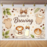 Lofaris A Baby Is Brewing Coffee Baby Shower Backdrop with Onesies and Latte Art Warm Brown Background for Gender Reveal Party