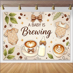 Lofaris A Baby Is Brewing Coffee Baby Shower Backdrop with Onesies and Latte Art Warm Brown Background for Gender Reveal Party