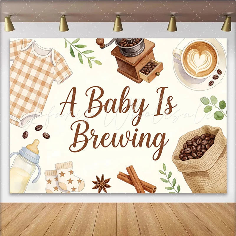 Lofaris A Baby Is Brewing Coffee Baby Shower Backdrop with Watercolor Onesie and Bottle Cute Gender Reveal Party Background for Photo