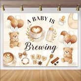 Lofaris A Baby Is Brewing Coffee Bear Baby Shower Backdrop with Balloons Warm Latte Art Theme Photography Background for Party Decor