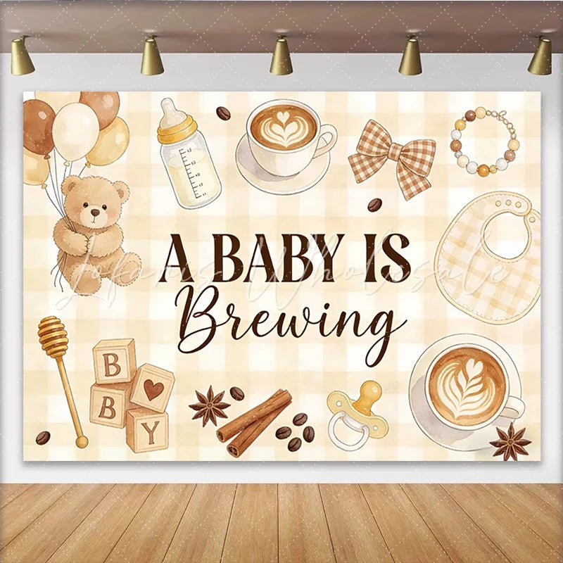 Lofaris A Baby Is Brewing Coffee Theme Baby Shower Backdrop with Teddy Bear and Balloons Gender Neutral Party Background for Photoshoot
