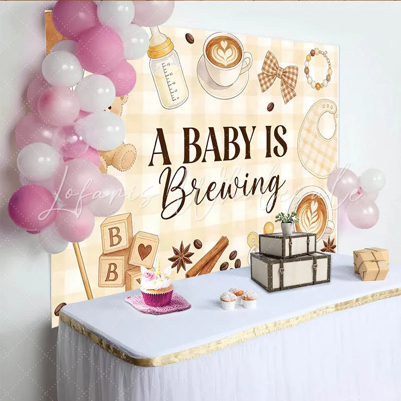 Lofaris A Baby Is Brewing Coffee Theme Baby Shower Backdrop with Teddy Bear and Balloons Gender Neutral Party Background for Photoshoot
