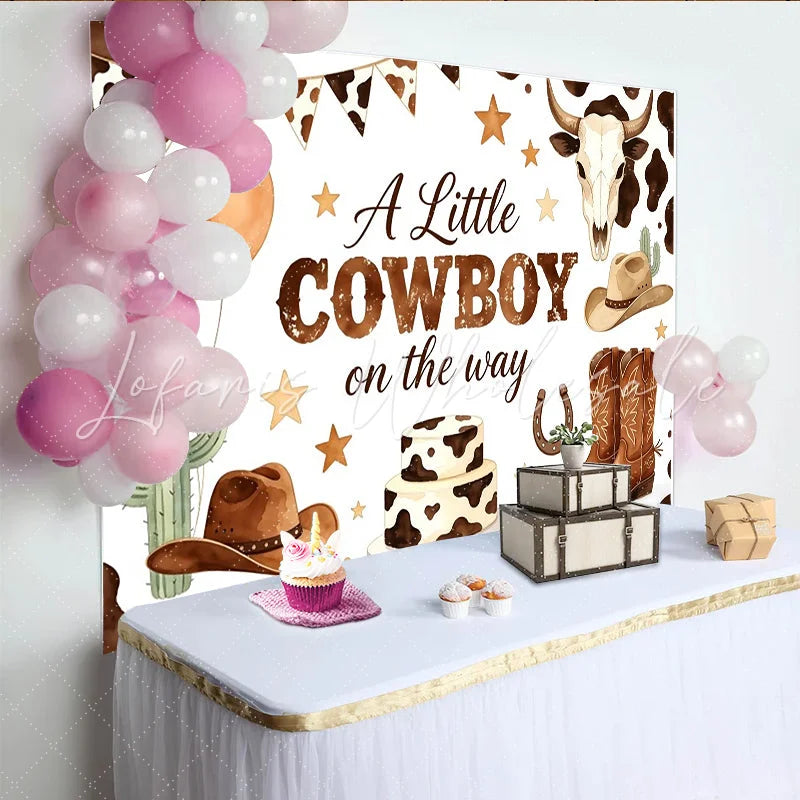 Lofaris A Little Cowboy on the Way Baby Shower Backdrop with Cow Print Balloons and Cactus Western Background for Boy Party