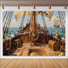 Lofaris Abenteuerlicher Piratenschiff-Schatzinsel-Partyhintergrund mit Papagei und Steuerrad für Kindergeburtstage