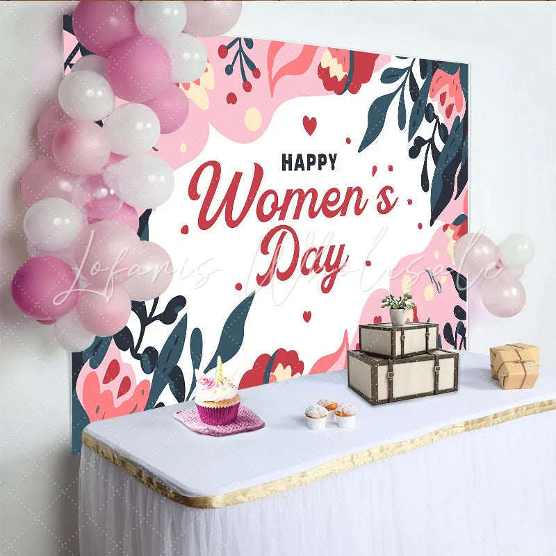 Lofaris Abstract Floral Womens Day Backdrop Navy and Pink Leaf Border International Womens Day Banner