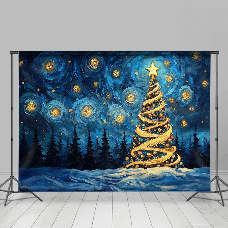 Lofaris Abstract Stars Blue Sky Xmas Tree Christmas Backdrop