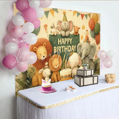 Lofaris Adorable Cartoon Jungle Animal Happy Birthday Backdrop with Elephants Lions and Balloons Kids Party Decor