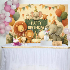 Lofaris Adorable Cartoon Jungle Animal Happy Birthday Backdrop with Elephants Lions and Balloons Kids Party Decor