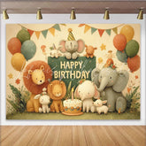 Lofaris Adorable Cartoon Jungle Animal Happy Birthday Backdrop with Elephants Lions and Balloons Kids Party Decor