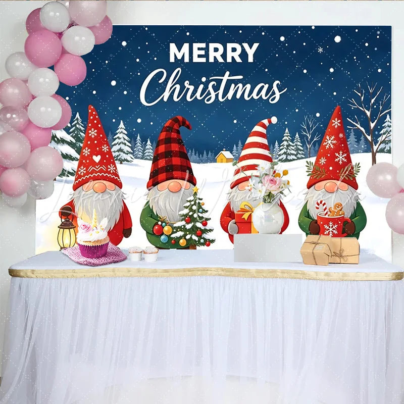 Lofaris Adorable Gnome Christmas Backdrop with Snowy Winter Forest and Festive Gifts Holiday Party Decor and Photo Booth Background