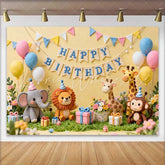 Lofaris Adorable Jungle Animals Happy Birthday Backdrop with Colorful Balloons and Gifts Safari Party Decor