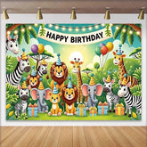 Lofaris Adorable Jungle Safari Animals Birthday Backdrop featuring Happy Birthday Banner and Party Hats for Kids