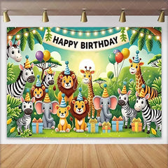 Lofaris Adorable Jungle Safari Animals Birthday Backdrop featuring Happy Birthday Banner and Party Hats for Kids