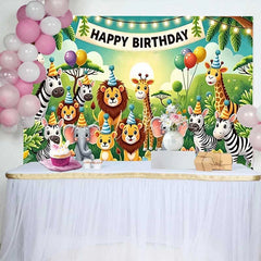 Lofaris Adorable Jungle Safari Animals Birthday Backdrop featuring Happy Birthday Banner and Party Hats for Kids