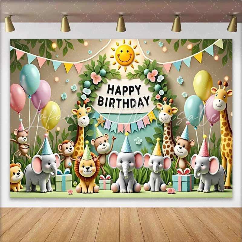 Lofaris Adorable Jungle Safari Animals Birthday Backdrop with Happy Birthday Sign and Balloons Kids Party Decor