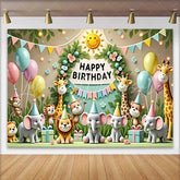 Lofaris Adorable Jungle Safari Animals Birthday Backdrop with Happy Birthday Sign and Balloons Kids Party Decor