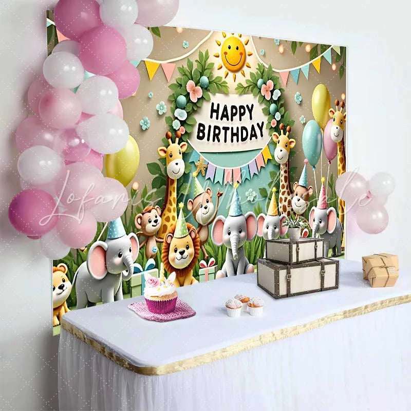 Lofaris Adorable Jungle Safari Animals Birthday Backdrop with Happy Birthday Sign and Balloons Kids Party Decor