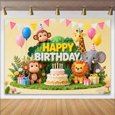 Lofaris Adorable Jungle Safari Animals Happy Birthday Backdrop with Cake and Balloons Wild One Party Decor
