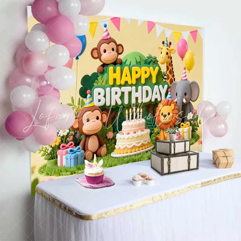 Lofaris Adorable Jungle Safari Animals Happy Birthday Backdrop with Cake and Balloons Wild One Party Decor