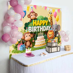 Lofaris Adorable Jungle Safari Animals Happy Birthday Backdrop with Cake and Balloons Wild One Party Decor
