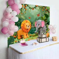 Lofaris Adorable Lion and Elephant Jungle Safari Birthday Backdrop Wild One Theme Baby Shower Party Decor