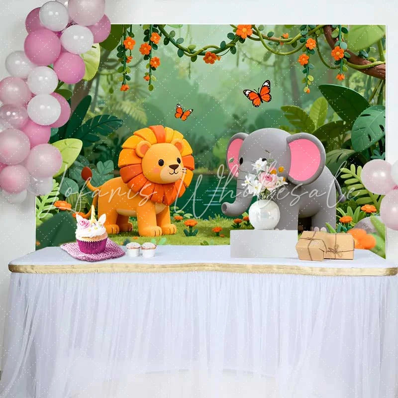 Lofaris Adorable Lion and Elephant Jungle Safari Birthday Backdrop Wild One Theme Baby Shower Party Decor