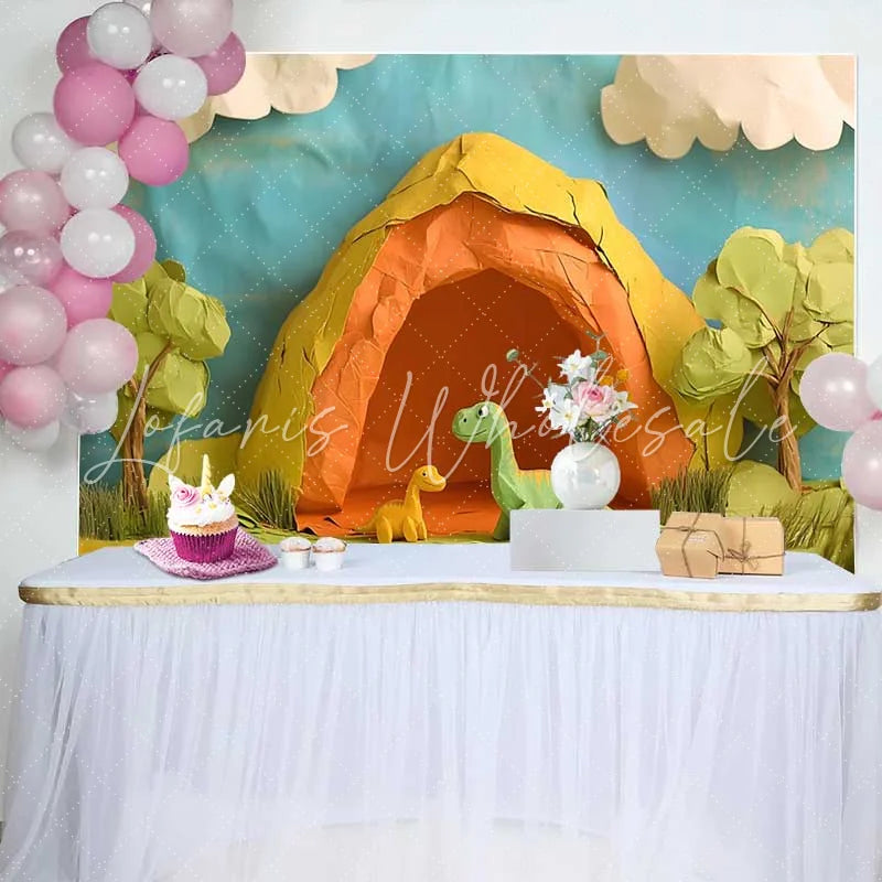 Lofaris Adorable Papercraft Dinosaur Birthday Cake Smash Backdrop Prehistoric Cave and Green Jungle Party Decor