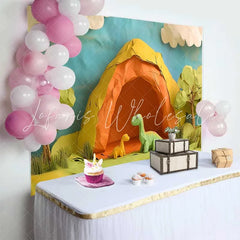 Lofaris Adorable Papercraft Dinosaur Birthday Cake Smash Backdrop Prehistoric Cave and Green Jungle Party Decor