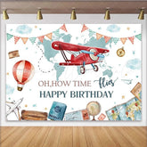 Lofaris Adventure Travel Biplane and Hot Air Balloon Party Backdrop Oh How Time Flies Happy Birthday Theme