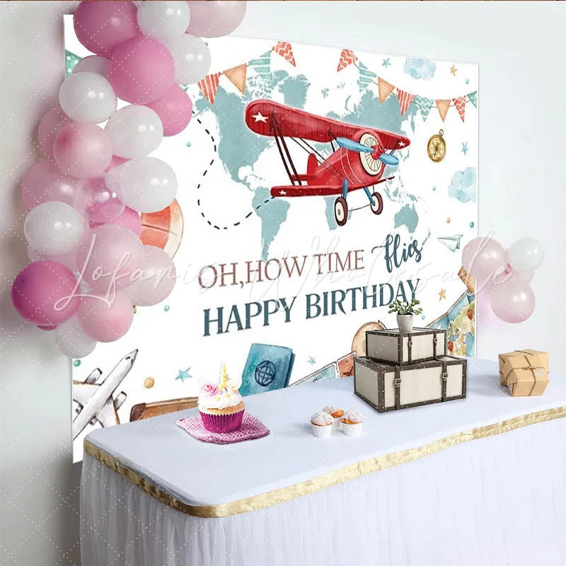 Lofaris Adventure Travel Biplane and Hot Air Balloon Party Backdrop Oh How Time Flies Happy Birthday Theme