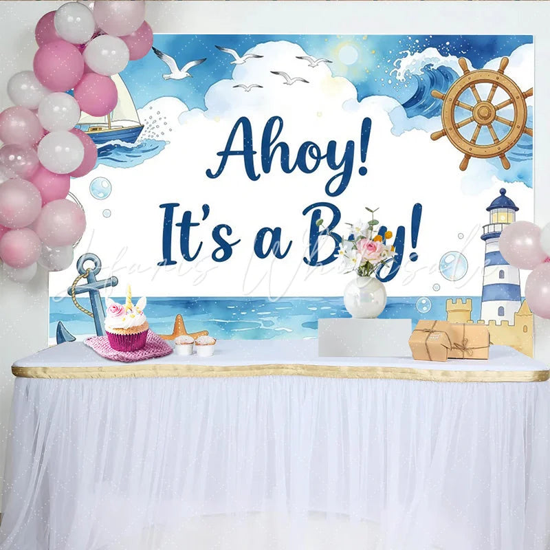 Lofaris Ahoy It’s a Boy Nautical Baby Shower Backdrop with Sailboat and Lighthouse Ocean Beach Theme Background for Party Decor