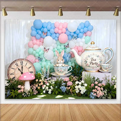 Lofaris Alice Tea Party Rabbit and Vintage Clock Easter Backdrop Pastel Balloon Arch Spring Background