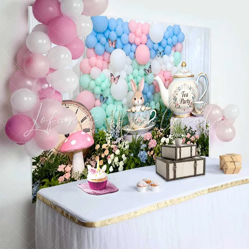Lofaris Alice Tea Party Rabbit and Vintage Clock Easter Backdrop Pastel Balloon Arch Spring Background