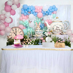 Lofaris Alice Tea Party Rabbit and Vintage Clock Easter Backdrop Pastel Balloon Arch Spring Background