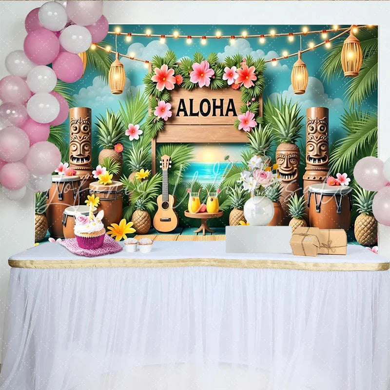 Lofaris Aloha Hawaiian Luau Party Backdrop with Tropical Palm Leaves and Tiki Statues Summer Beach Sunset Background for Festive Event Decor
