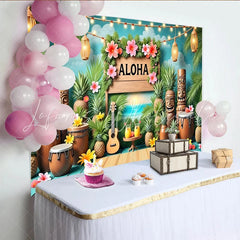 Lofaris Aloha Hawaiian Luau Party Backdrop with Tropical Palm Leaves and Tiki Statues Summer Beach Sunset Background for Festive Event Decor