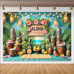 Lofaris Aloha Hawaiian Luau Party Backdrop with Tropical Palm Leaves and Tiki Statues Summer Beach Sunset Background for Festive Event Decor