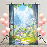 Lofaris Alpine Mountain View Backdrop Snow Peaks and Flower Meadow through Window for Travel Theme