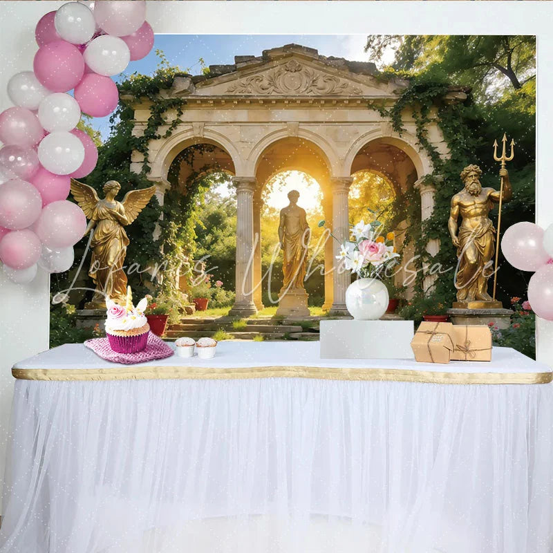 Lofaris Ancient Garden Archway Photography Backdrop with Golden Statues Elegant Stone Archway Background for Artistic Portrait Photoshoot