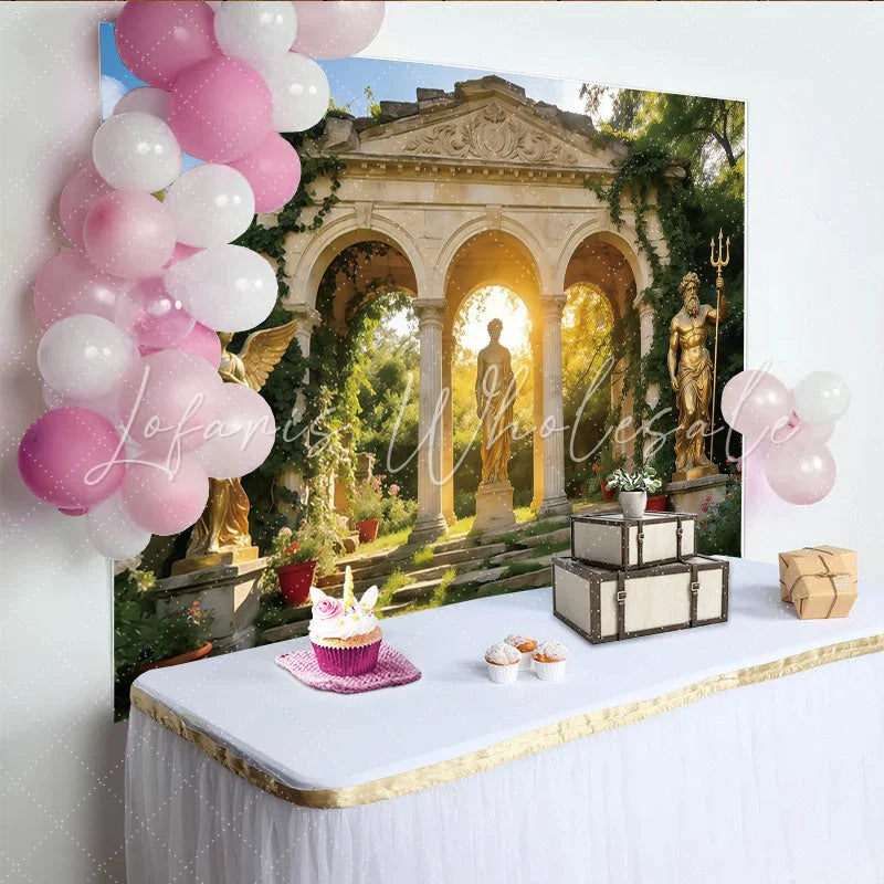 Lofaris Ancient Garden Archway Photography Backdrop with Golden Statues Elegant Stone Archway Background for Artistic Portrait Photoshoot