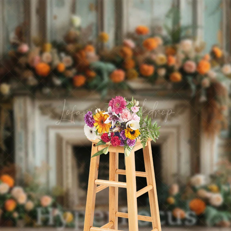 Lofaris Ancient Luxury Fireplace Floral Christmas Backdrop