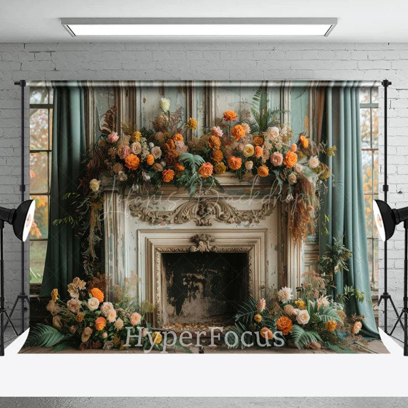 Lofaris Ancient Luxury Fireplace Floral Christmas Backdrop