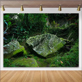 Lofaris Ancient Mossy Jungle Ruins Photography Backdrop with Spiral Carving Green Forest Background for Studio Photoshoot