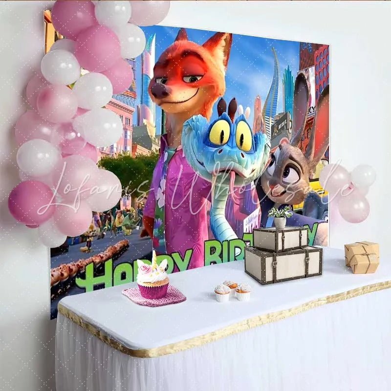 Lofaris Animal City Birthday Backdrop Cartoon Fox and Rabbit Party Decoration Urban Zoo Kids Happy Birthday Banner Photography Prop